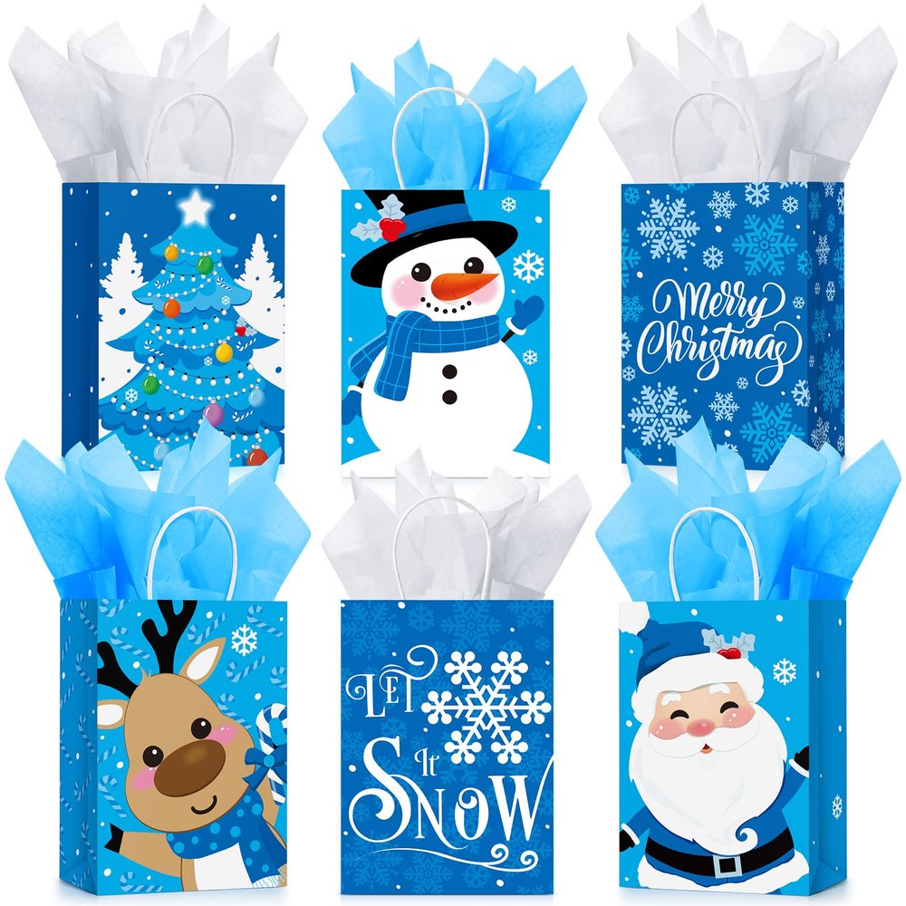 24 Pcs Merry Christmas Kraft Paper Goodie Bags with Handles - Bulk Wrapping with Tissue Paper - Snowman, Small