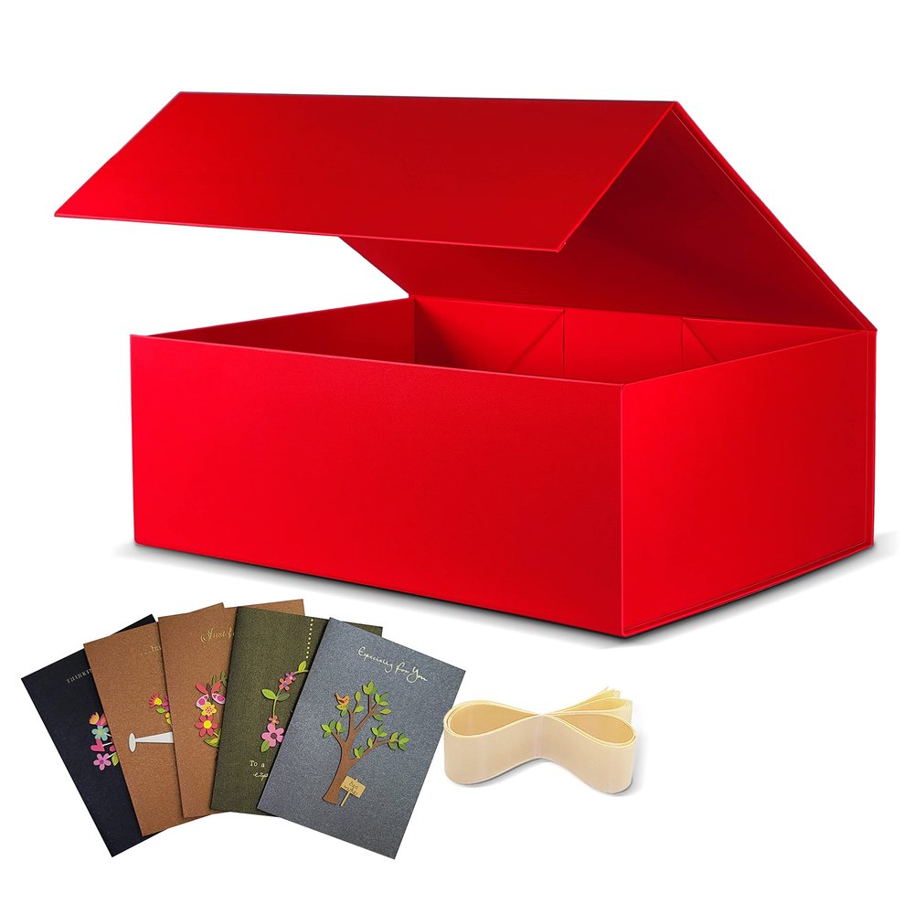 BOXHOME 5 Pack Large Gift Box, Red, 13x10x5 inch with Magnetic Lids Gift Packaging Box, Bridesmaid Boxes for Presents Contains Card, Ribbon, Foldable