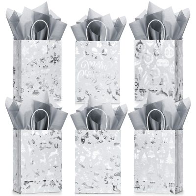 24 Pcs Bags with Tissue Paper, Merry Christmas Xmas Kraft Paper Goodie Bags with Handles - Bulk for Gift Wrapping, Holiday Party Supplies (Silver Snowflake, Small)