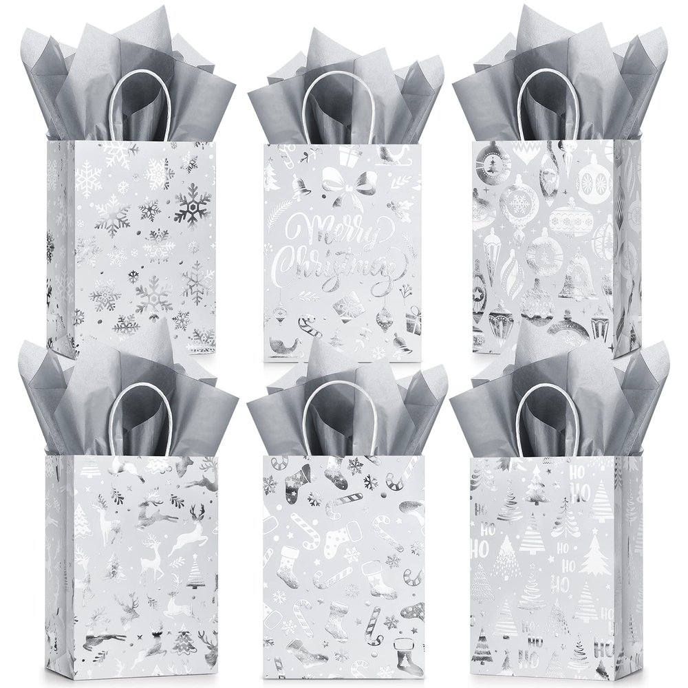 24 Pcs Bags with Tissue Paper, Merry Christmas Xmas Kraft Paper Goodie Bags with Handles - Bulk for Gift Wrapping, Holiday Party Supplies (Silver Snowflake, Small)