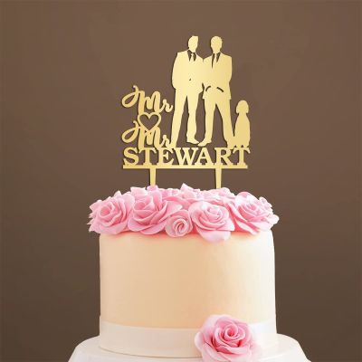 Personalized Mr And Mr Funny Cake Topper Gay Silhouette Cake Topper for Wedding with Dog Rustic Mr And Mr Cake Topper with Cat Same Sex Marriage Cake Topper (Mirror Gold Acrylic)