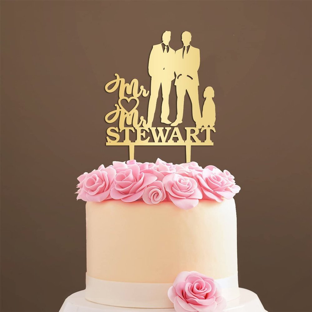 Personalized Mr And Mr Funny Cake Topper Gay Silhouette Cake Topper for Wedding with Dog Rustic Mr And Mr Cake Topper with Cat Same Sex Marriage Cake Topper (Mirror Gold Acrylic)