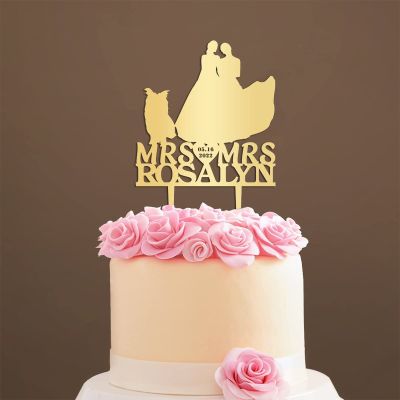 Personalized Cake Topper for Wedding Lesbian Outdoor Wedding Cake Topper with Dog Same Sex Wedding Cake Topper with Cat Gay Couple Topper (Mirror Gold Acrylic)
