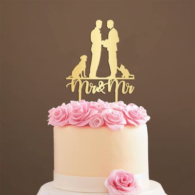 Personalized Cake Topper for Wedding Stylish Gay Marriage Silhouette Wedding Cake Topper with Dog Mr And Mr Cake Topper with Cat Marriage Equality Cake Topper (Mirror Gold Acrylic)