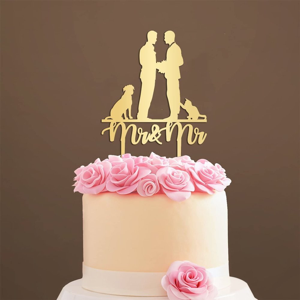 Personalized Cake Topper for Wedding Stylish Gay Marriage Silhouette Wedding Cake Topper with Dog Mr And Mr Cake Topper with Cat Marriage Equality Cake Topper (Mirror Gold Acrylic)
