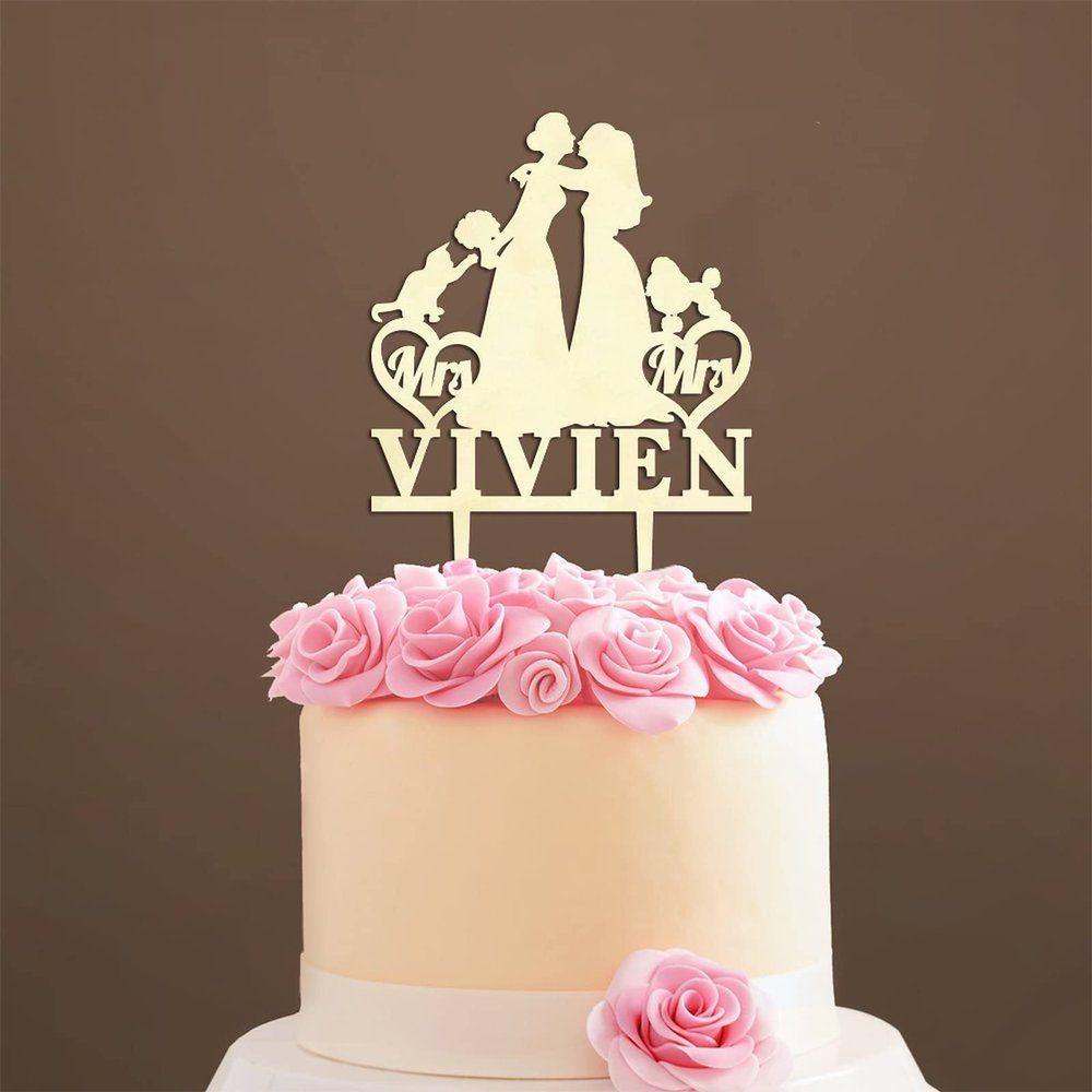 Couple Silhouette Cake Topper with Pet, Wedding Mr & Mrs Cake Topper, Wood Monogram Wedding Cake Topper Personalized, Personalized Wedding Cake Topper, Funny Cake Toppers for Wedding