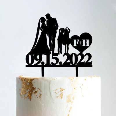 Couple Silhouette with Kids Cake Topper, Custom Mr And Mrs Wedding Cake Topper, Couple Cake Topper with Children, Black Acrylic Cake Topper, Gift for Anniversary