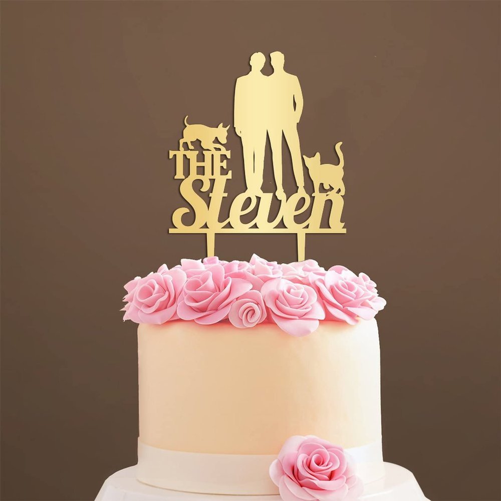 Personalized Cake Topper for Wedding Gay Marriage Gay Couple Silhouette Cake Topper with Dog Rustic Mr And Mr Cake Topper with Cat Groom And Groom Same Sex Wedding Topper (Mirror Gold Acrylic)