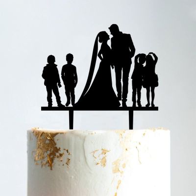 Bride And Groom with Children Cake Topper, Custom Children Cake Topper, Wedding Cake Topper Happy Family, Black Acrylic Cake Topper, Couple Wedding Decoration