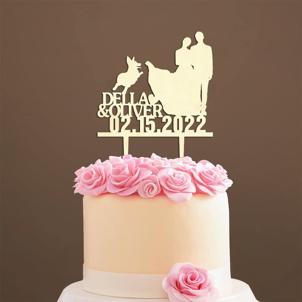 Couple Silhouette Cake Topper with Pet, Wedding Mr & Mrs Cake Topper, Wood Cake Topper for Wedding, Custom Script Cake Toppers for Wedding, Rustic Wedding Cake Topper