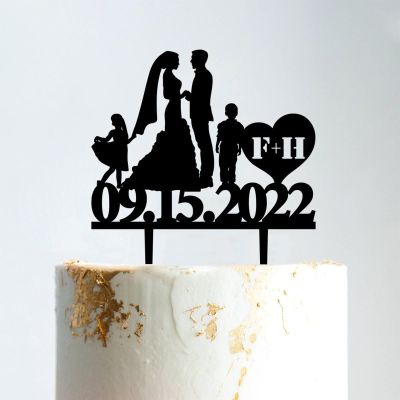 Couple Silhouette with Kids Cake Topper, Custom Mr And Mrs Wedding Cake Topper, Family Cake Topper, Black Acrylic Cake Topper, Gift for Anniversary