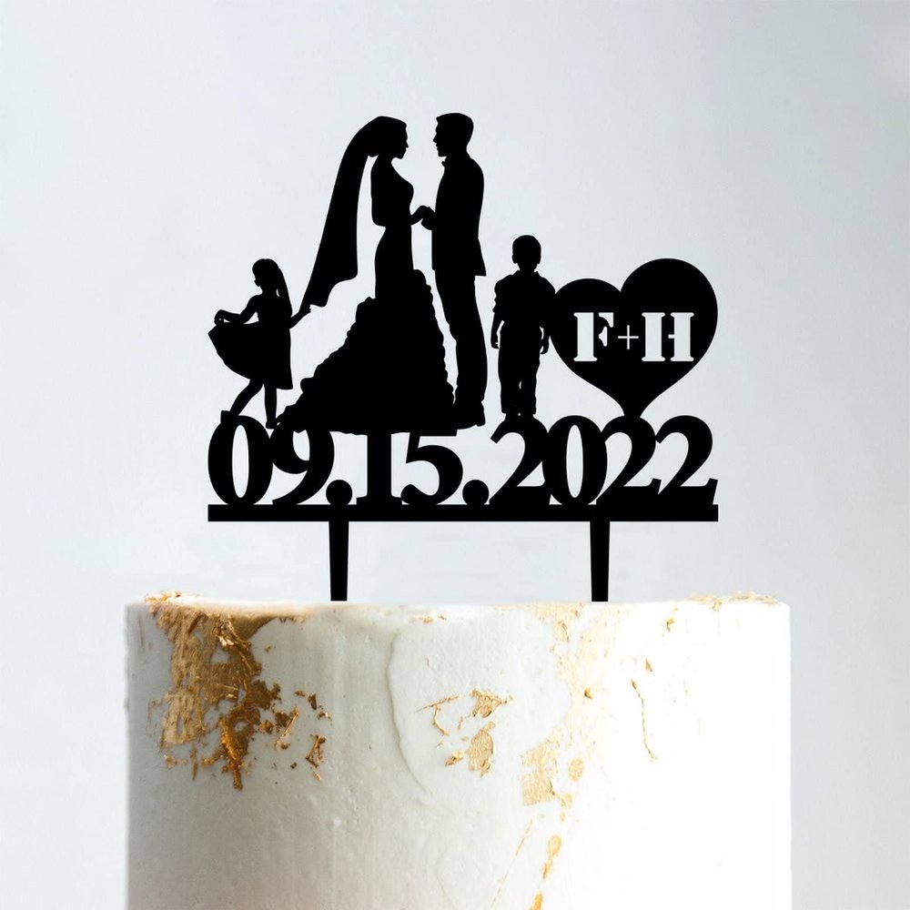 Couple Silhouette with Kids Cake Topper, Custom Mr And Mrs Wedding Cake Topper, Family Cake Topper, Black Acrylic Cake Topper, Gift for Anniversary