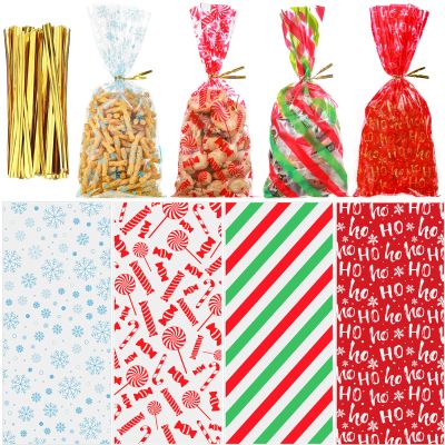100 Christmas Cellophane Bags with Twist Ties - Plastic Snack Bags for Parties, Cookies, Candies & Gifts