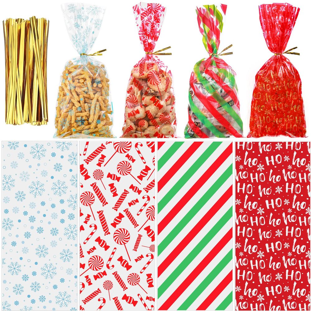 100 Christmas Cellophane Bags with Twist Ties - Plastic Snack Bags for Parties, Cookies, Candies & Gifts