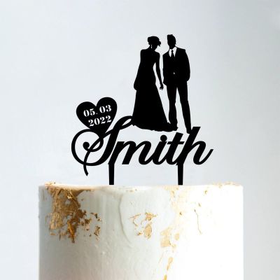 Couple Silhouette Cake Topper, Mr And Mrs Cake Topper, Black Acrylic Cake Topper for Wedding, Personalized Wedding Cake Topper, Rustic Wedding Cake Topper