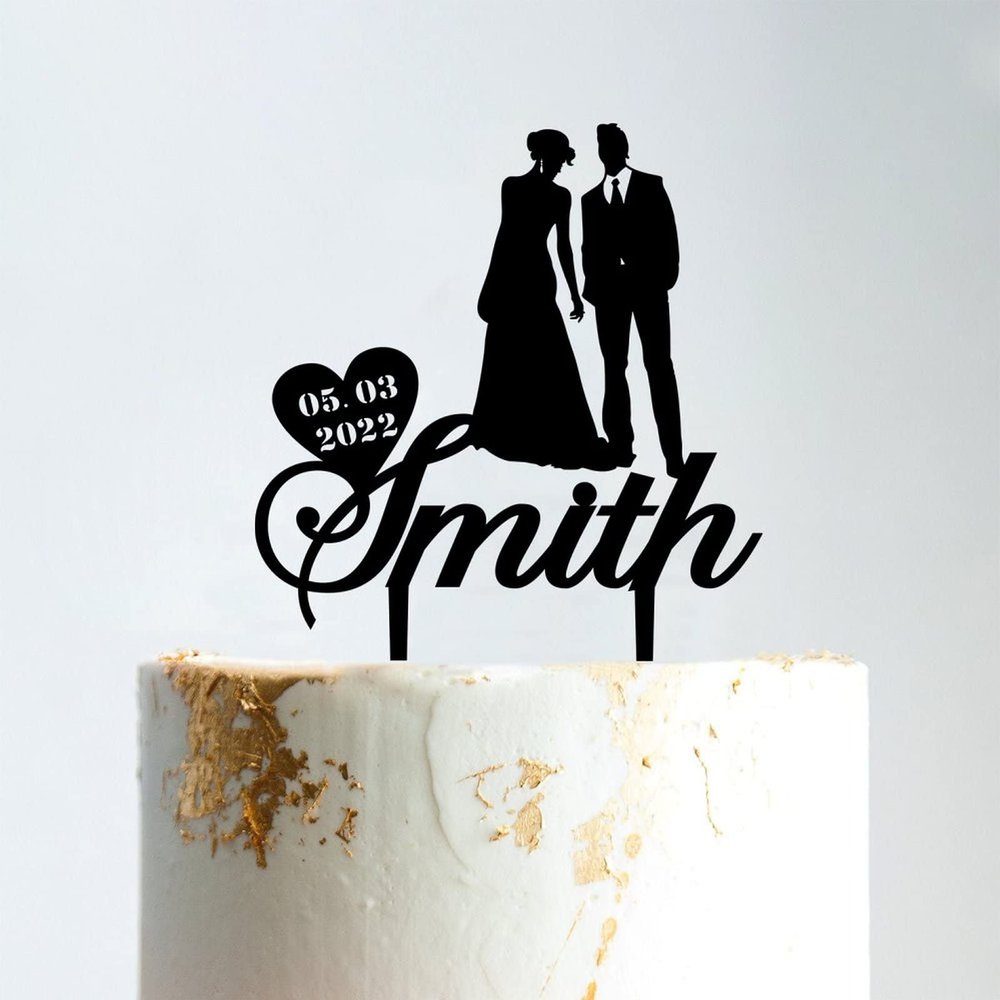 Couple Silhouette Cake Topper, Mr And Mrs Cake Topper, Black Acrylic Cake Topper for Wedding, Personalized Wedding Cake Topper, Rustic Wedding Cake Topper
