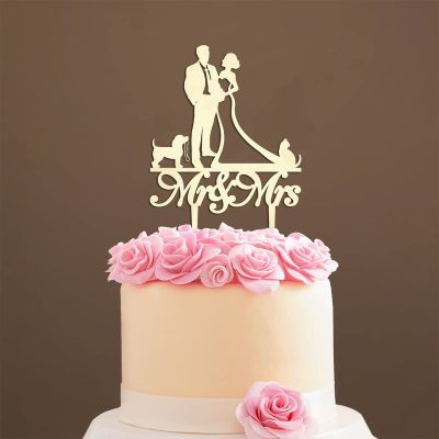 Couple Silhouette Cake Topper with Pet, Mr And Mrs Cake Topper, Wood Wedding Cake Topper, Family Wedding Cake Topper, Script Cake Toppers for Wedding