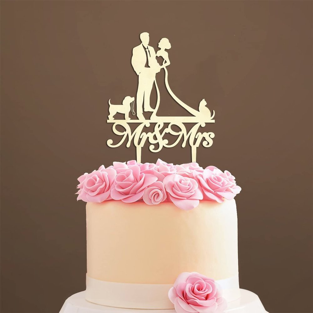 Couple Silhouette Cake Topper with Pet, Mr And Mrs Cake Topper, Wood Wedding Cake Topper, Family Wedding Cake Topper, Script Cake Toppers for Wedding