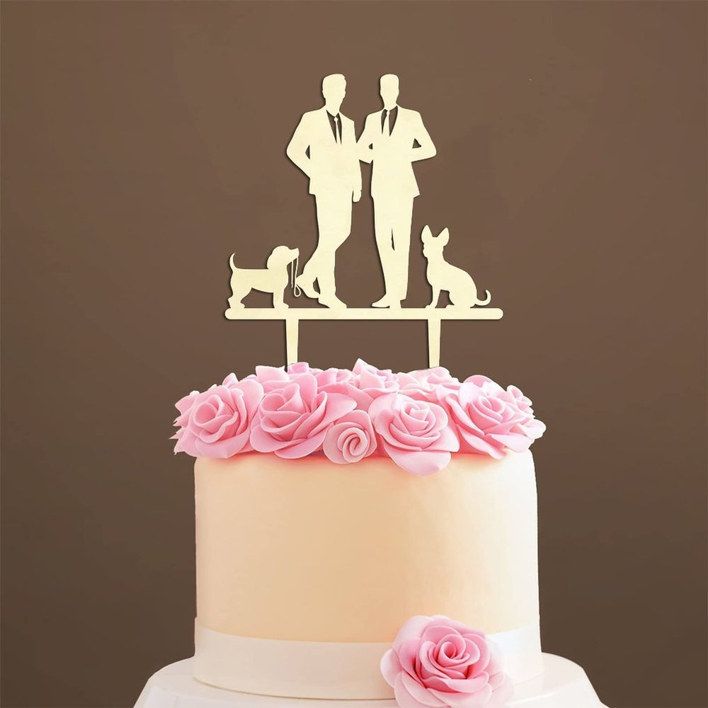 Couple Silhouette Cake Topper with Pet, Mr And Mrs Engagement Cake Topper, Mirror Gold Acrylic Cake Topper for Wedding, Family Wedding Cake Topper, Script Cake Toppers for Wedding
