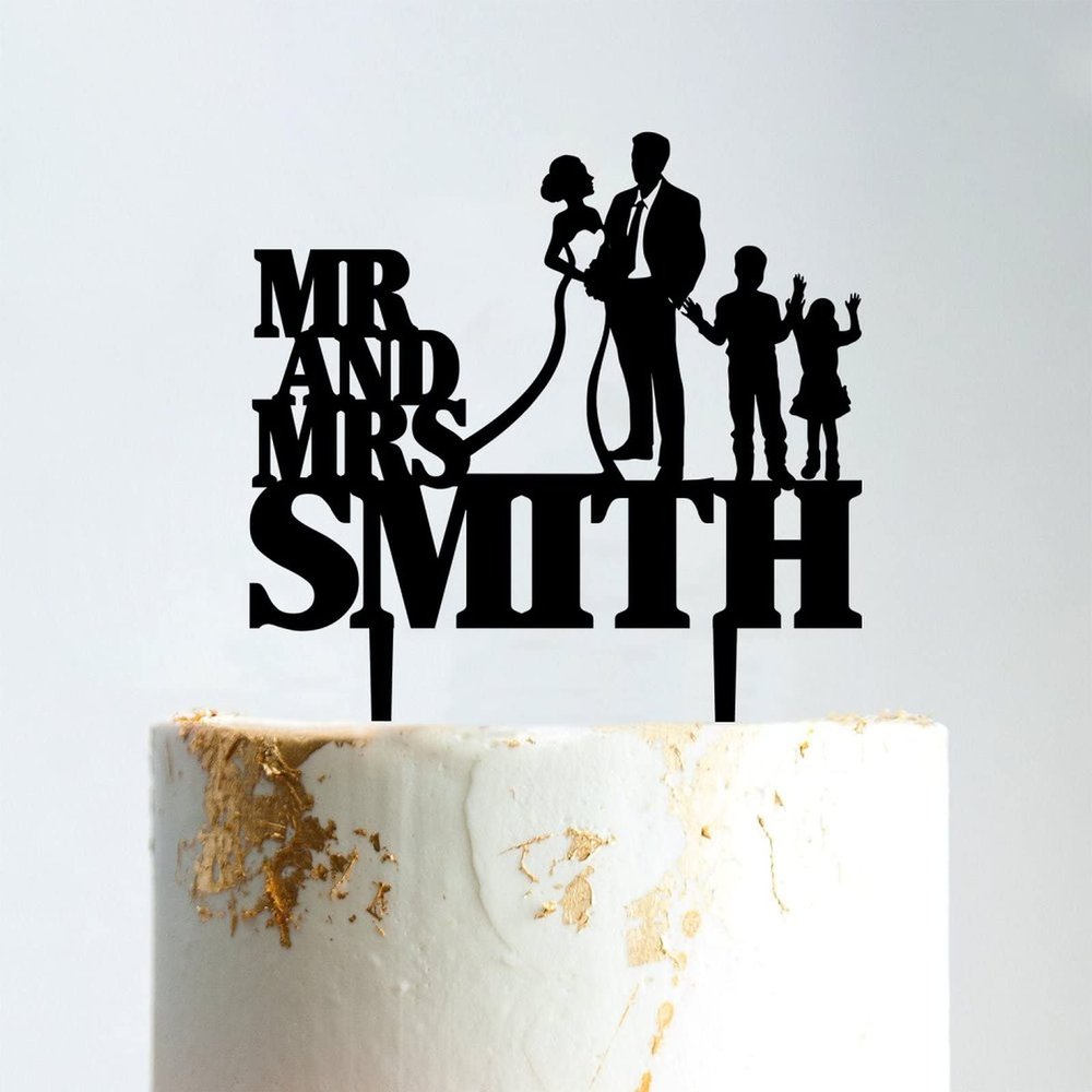 Bride And Groom with Children Cake Topper, Custom Wedding Family Cake Topper, Family Cake Topper With Kids, Black Acrylic Cake Topper, Couple Wedding Decoration