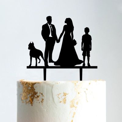 Bride And Groom with Children Cake Topper, Mr And Mrs Cake Toppers, Family Cake Topper, Black Acrylic Cake Topper, Couple Wedding Decoration