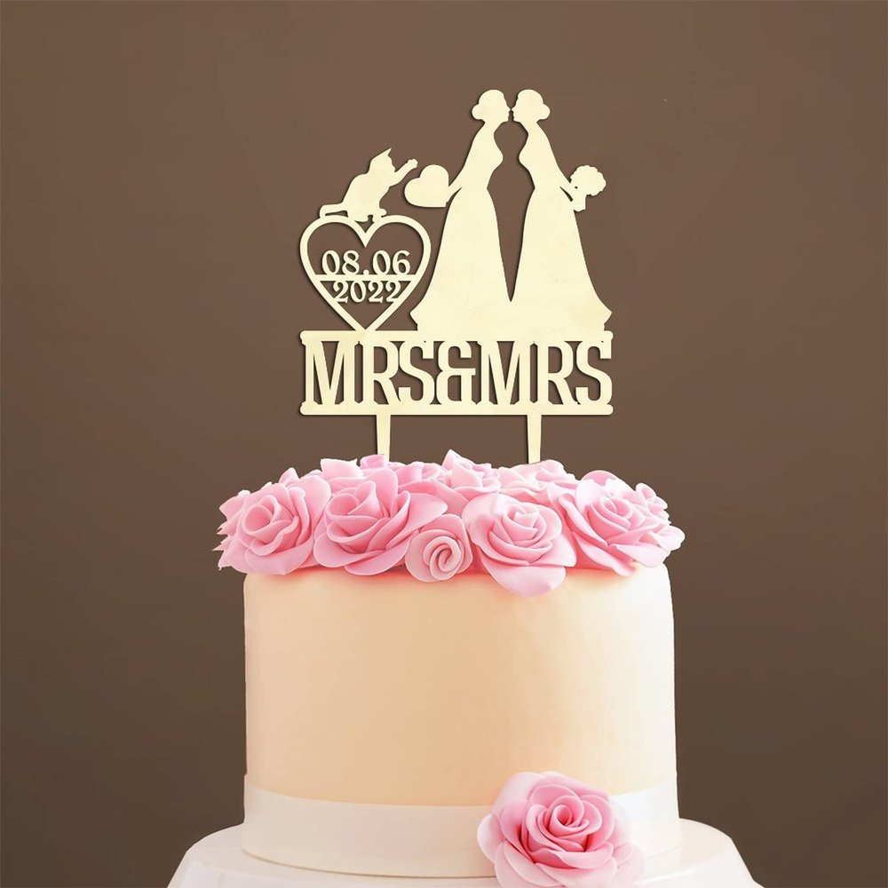 Bride And Groom Cake Topper with Pet, Mr & Mrs Wedding Cake Topper, Wood Cake Topper for Wedding, Custom Script Cake Toppers for Wedding, Rustic Wedding Cake Topper