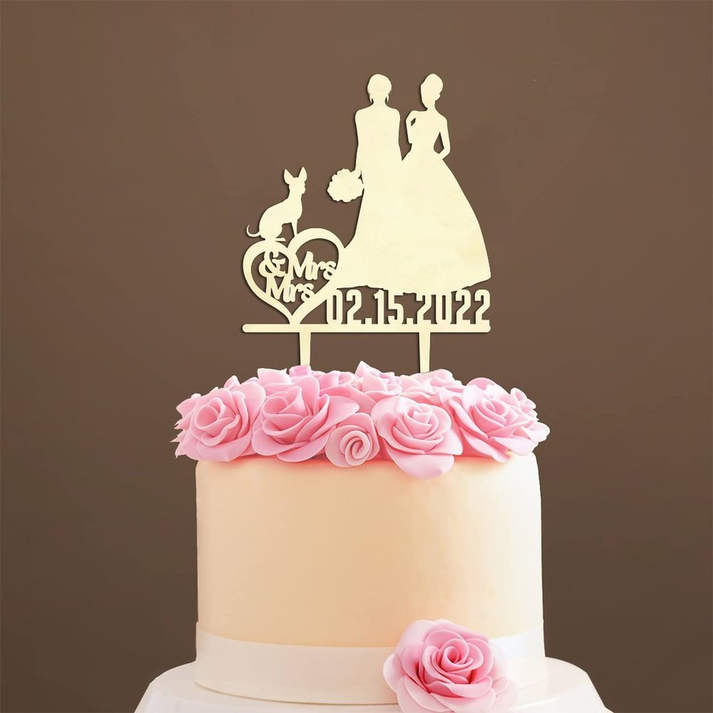 Couple Silhouette Cake Topper with Pet, Wedding Mr & Mrs Cake Topper, Wood Wedding Cake Topper, Custom Cake Toppers for Wedding/Anniversary, Rustic Wedding Cake Topper