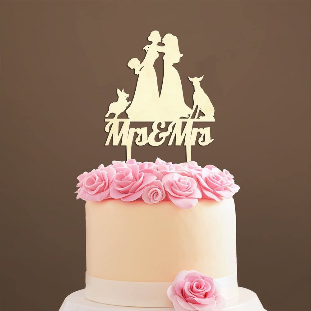 Couple Silhouette Cake Topper with Pet, Mr And Mrs Cake Topper, Wood Cake Topper for Wedding, Custom Initials Cake Topper, Funny Cake Toppers for Wedding