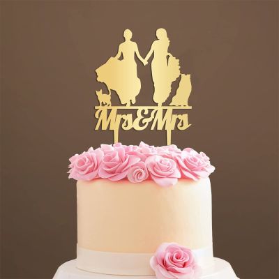 Personalized Cake Topper for Wedding Lesbian Outdoor Wedding Cake Topper with Dog Mrs And Mrs Cake Topper with Cat Same Sex Wedding Cake Topper (Mirror Gold Acrylic)