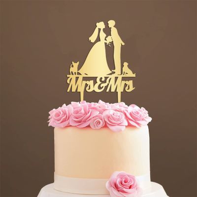 Personalized Cake Topper for Wedding Lesbian Wedding Cake Topper with Dog Same Sex Wedding Cake Topper with Cat Lesbian Silhouette Wedding Cake Topper (Mirror Gold Acrylic)