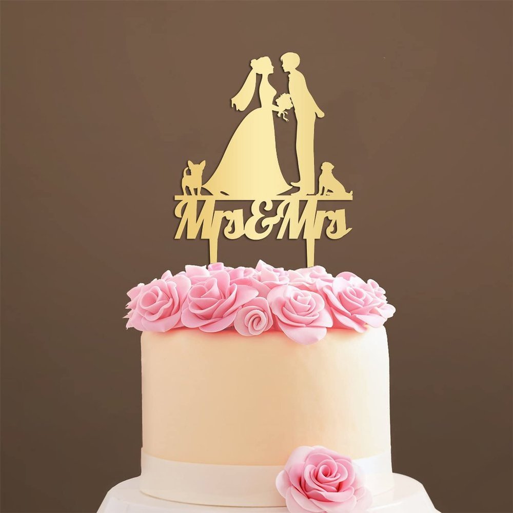 Personalized Cake Topper for Wedding Lesbian Wedding Cake Topper with Dog Same Sex Wedding Cake Topper with Cat Lesbian Silhouette Wedding Cake Topper (Mirror Gold Acrylic)