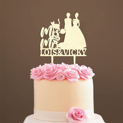 Wedding Cake Toppers with Pet, Wedding Mr & Mrs Cake Topper, Wood Cake Topper for Wedding, Customized Bride And Groom Wedding Cake Topper, Beach Wedding Bridal Shower Decor