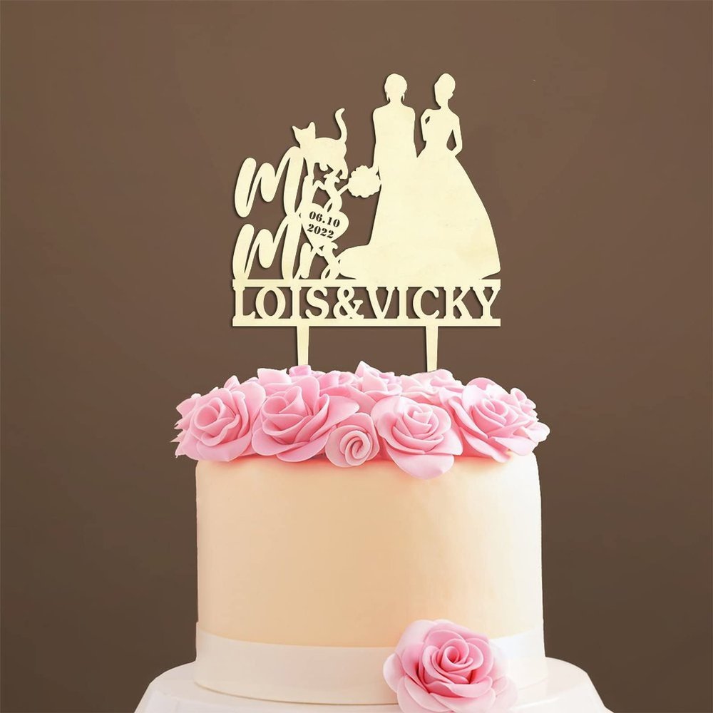 Wedding Cake Toppers with Pet, Wedding Mr & Mrs Cake Topper, Wood Cake Topper for Wedding, Customized Bride And Groom Wedding Cake Topper, Beach Wedding Bridal Shower Decor