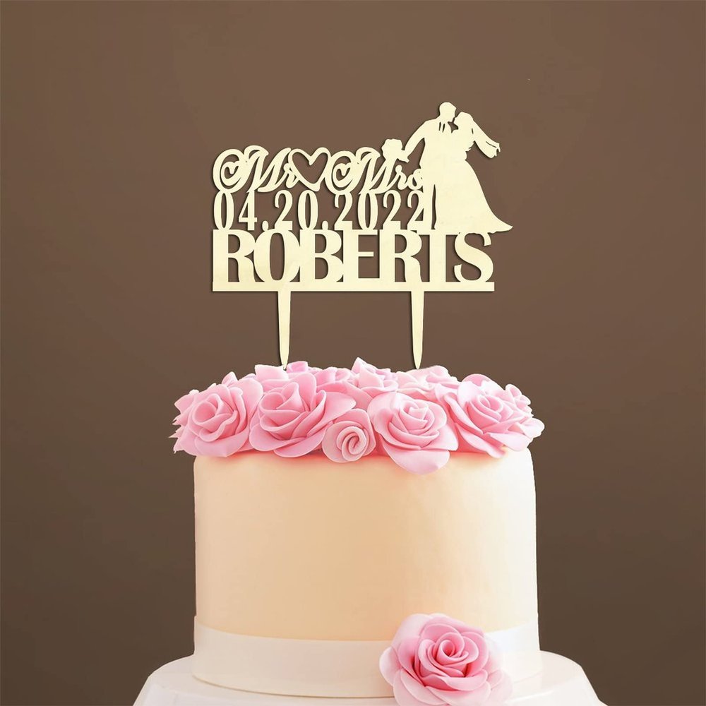 Couple Silhouette Cake Topper with Pet, Mr & Mrs Wedding Cake Topper, Mirror Gold Acrylic Cake Topper for Wedding, Custom Wedding Cake Topper, Cake Topper Wedding