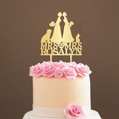 Personalized Mrs And Mrs Funny Cake Topper Lesbian Theme Party with Dog Same Sex Wedding Cake Topper with Cat Wedding Lesbian Cake Topper (Mirror Gold Acrylic)