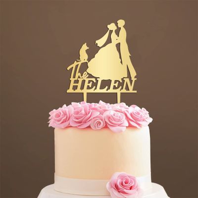 Personalized Cake Topper for Wedding Lesbian Cake Topper with Dog Same Sex Wedding Cake Topper with Cat Wedding Lesbian Silhouette Cake Topper (Mirror Gold Acrylic)