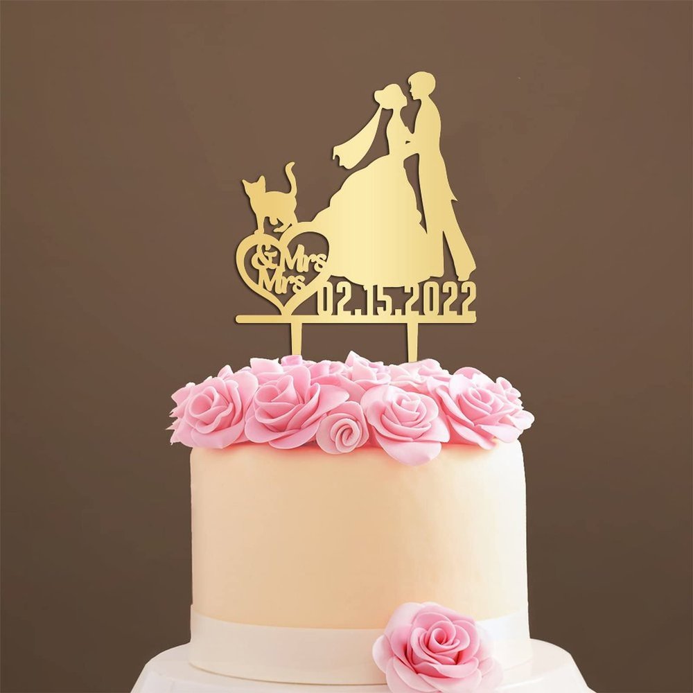 Personalized Cake Topper for Wedding Lesbian Outdoor Wedding Cake Topper with Dog Mrs And Mrs Wedding Cake Topper with Cat Wedding Cake Topper Rustic (Mirror Gold Acrylic)