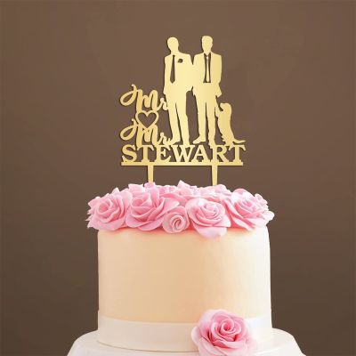 Personalized Cake Topper for Wedding Stylish Gay Marriage Silhouette Wedding Cake Topper with Dog Mr And Mr Cake Toppers for Wedding with Cat Same Sex Cake Topper (Mirror Gold Acrylic)