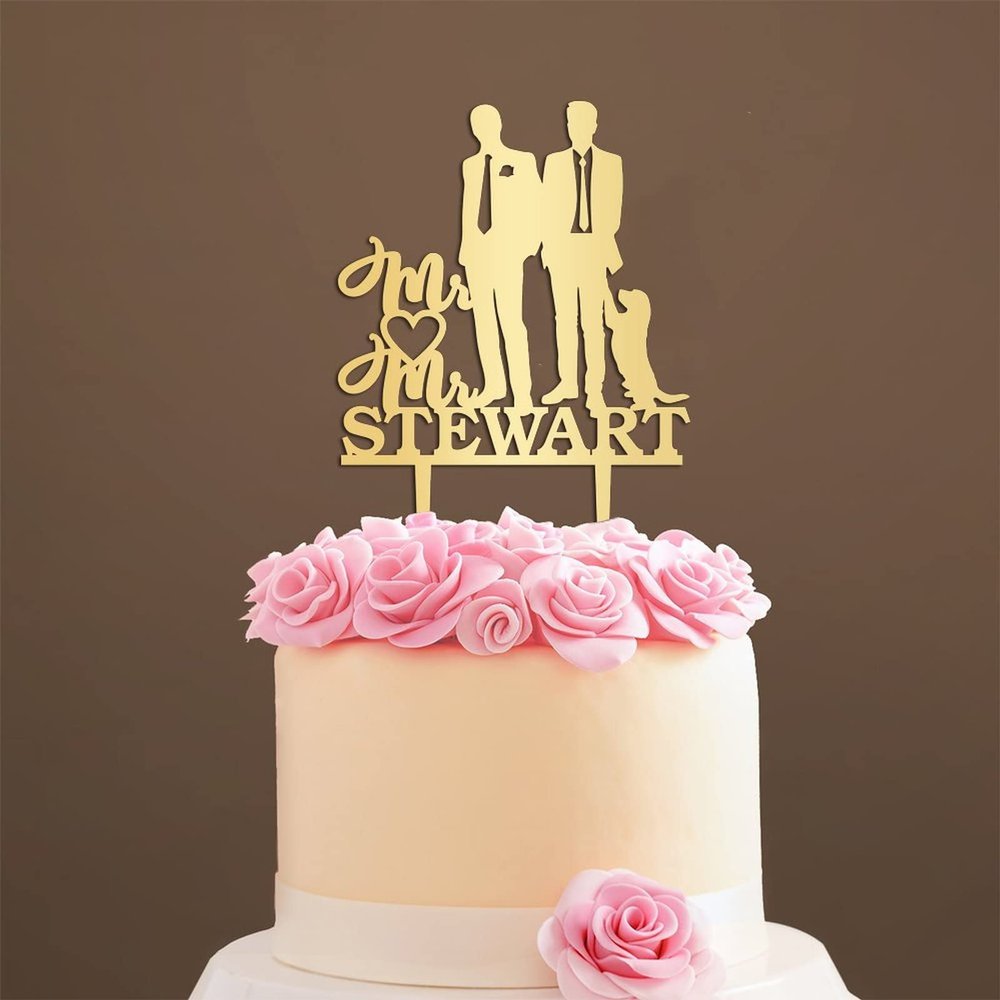 Personalized Cake Topper for Wedding Stylish Gay Marriage Silhouette Wedding Cake Topper with Dog Mr And Mr Cake Toppers for Wedding with Cat Same Sex Cake Topper (Mirror Gold Acrylic)