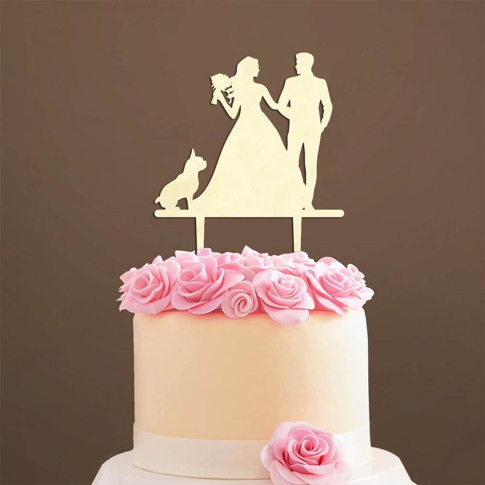 Couple Silhouette Cake Topper with Pet, Mr And Mrs Cake Topper, Wood Cake Topper for Wedding, Family Wedding Cake Topper, Rustic Wedding Cake Topper