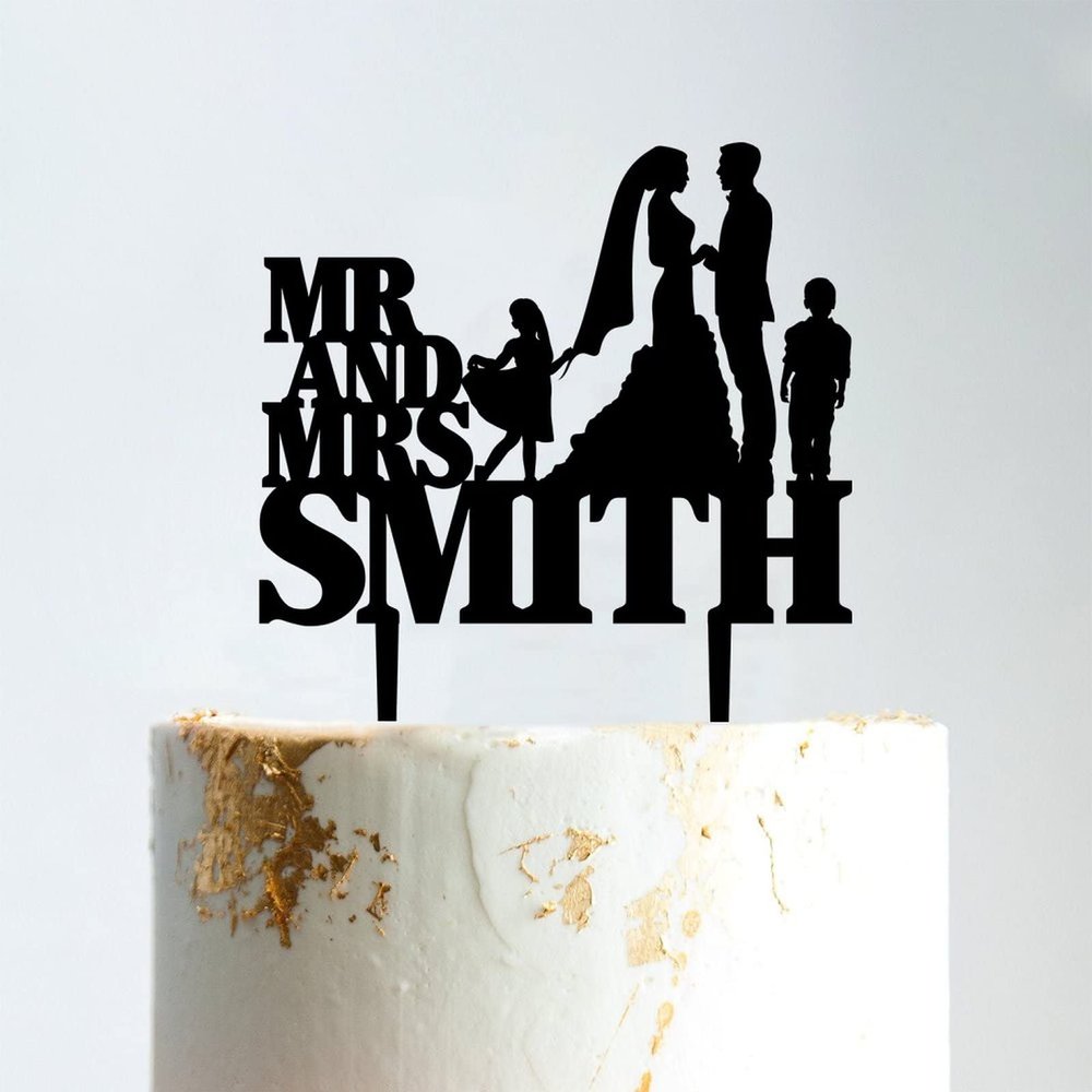 Bride And Groom with Children Cake Topper, Custom Wedding Family Cake Topper, Family Wedding Cake Topper with Kids, Black Acrylic Cake Topper, Gift for Anniversary