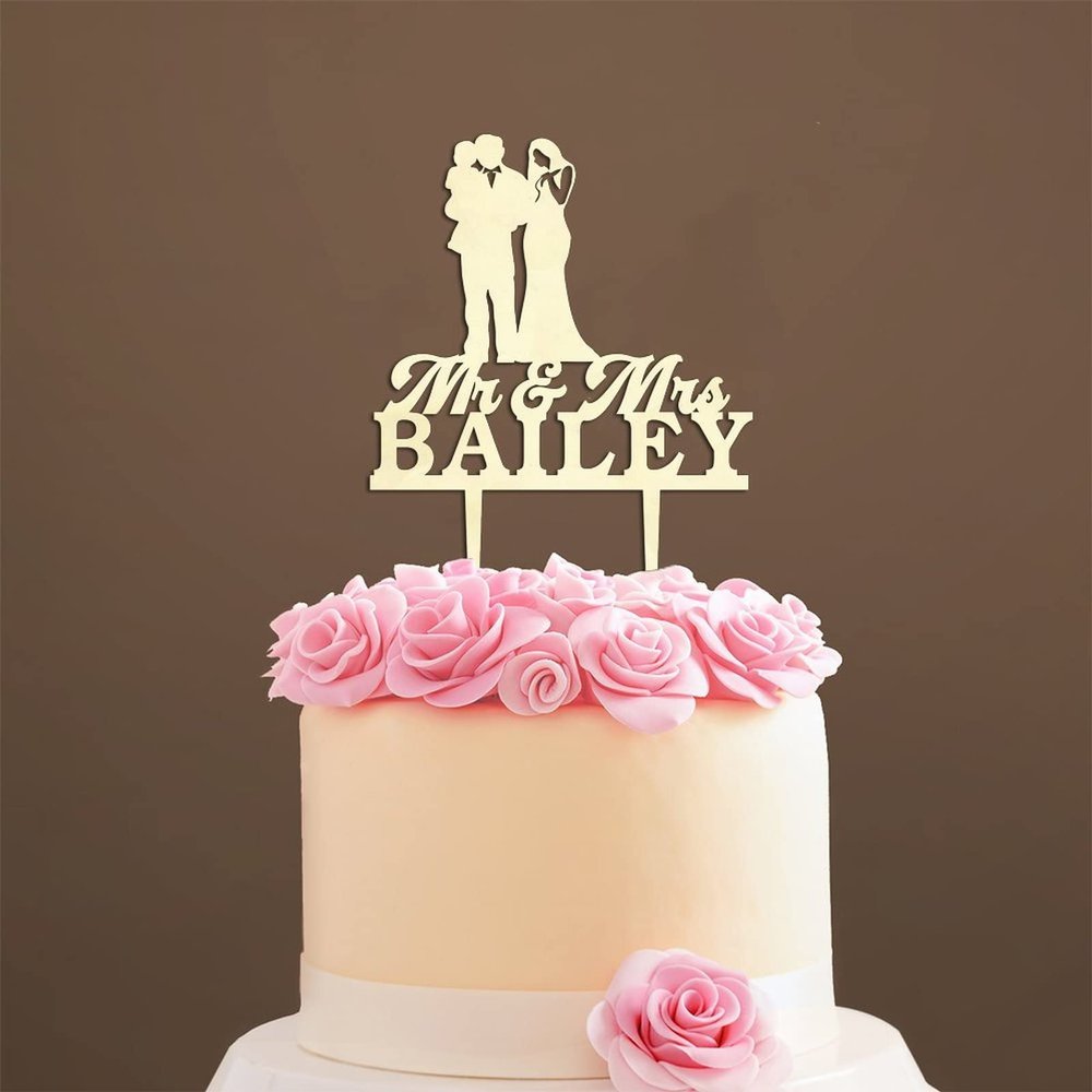 Couple Silhouette Cake Topper with Pet, Mr And Mrs Cake Toppers for Wedding, Mirror Gold Acrylic Cake Topper for Wedding, Custom Wedding Cake Topper, Anniversary Cake Toppers