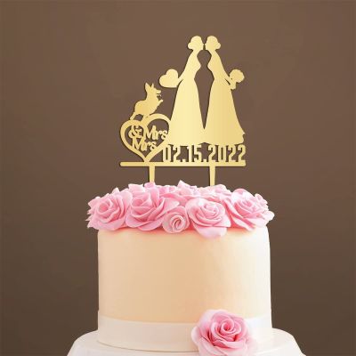 Personalized Cake Topper for Wedding Lesbian Cake Topper with Dog Mrs And Mrs Cake Topper with Cat Same Sex Cake Decor (Mirror Gold Acrylic)