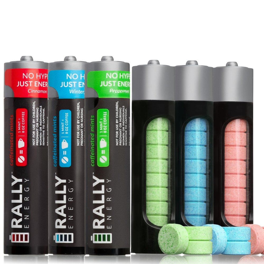 Caffeine Mints by Rally, 60 Milligram, Instant Energy, Fresh Breath, Caffeinated, 0 Sugar, Natural Peppermint, Cinnamon, Wintergreen Variety Pack (6 Packs, 60 Mints)