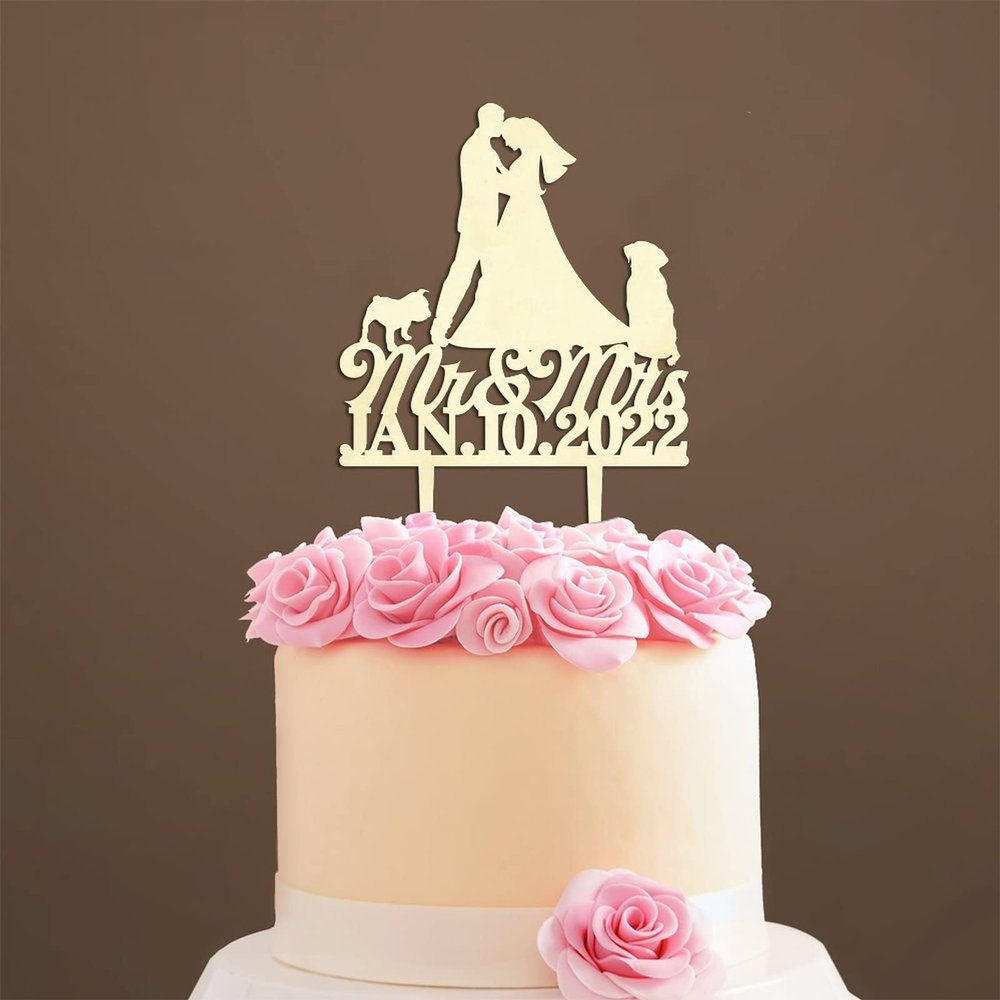Couple Silhouette Cake Topper with Pet, Mr And Mrs Cake Toppers for Wedding, Wood Wedding Cake Topper, Personalized Wedding Cake Topper, Anniversary Cake Toppers