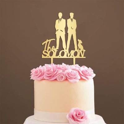 Personalized Cake Topper for Wedding Travel Gay Silhouette Cake Topper with Dog Rustic Mr And Mr Cake Topper with Cat Same Sex Cake Topper (Mirror Gold Acrylic)