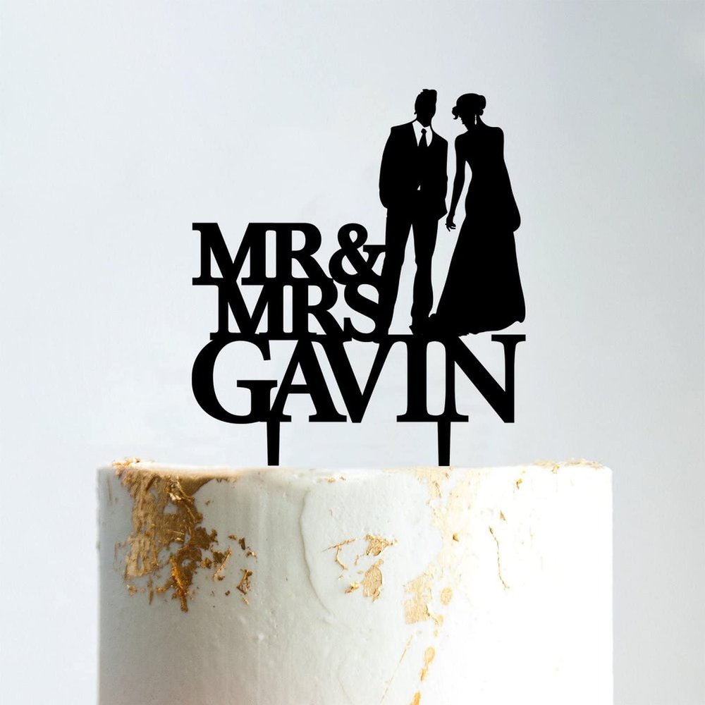 Couple Silhouette Cake Topper, Mr And Mrs Cake Toppers for Wedding, Black Acrylic Cake Topper for Wedding, Personalized Wedding Cake Topper, Rustic Wreath Cake Topper