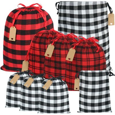 YQL Buffalo Plaid Drawstring Bags, 9Pcs Soft Flannel Christmas Gift Bags Assorted Sizes Xmas Fabric Bags Reusable Gift Bags for Package Birthday Holiday Party(Red&Black)