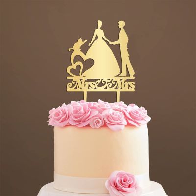 Personalized Mrs And Mrs Funny Cake Topper Lesbian Outdoor Wedding Cake Topper with Dog Mrs Mrs Wedding Cake Topper with Cat Wedding Cake Topper Rustic (Mirror Gold Acrylic)