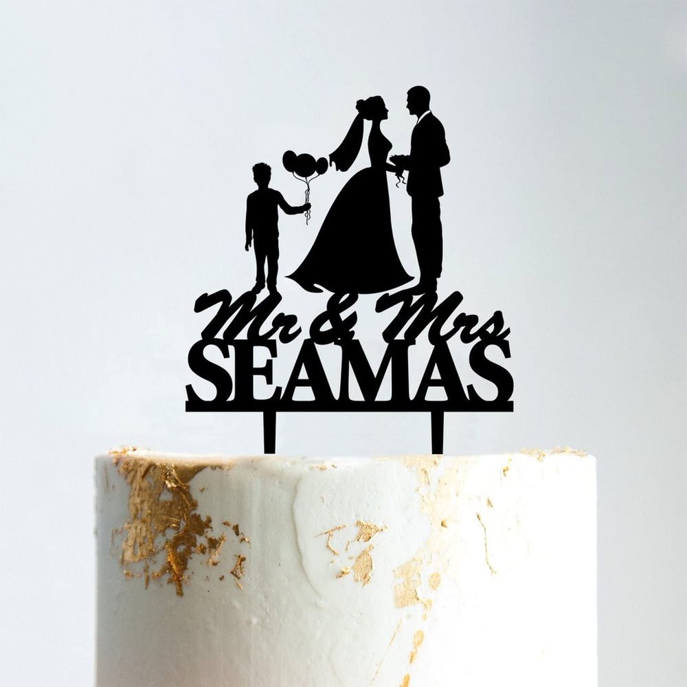 Bride And Groom with Children Cake Topper, Custom Mr And Mrs Wedding Cake Topper, Wedding Cake Topper Happy Family, Black Acrylic Cake Topper, Couple Wedding Decoration